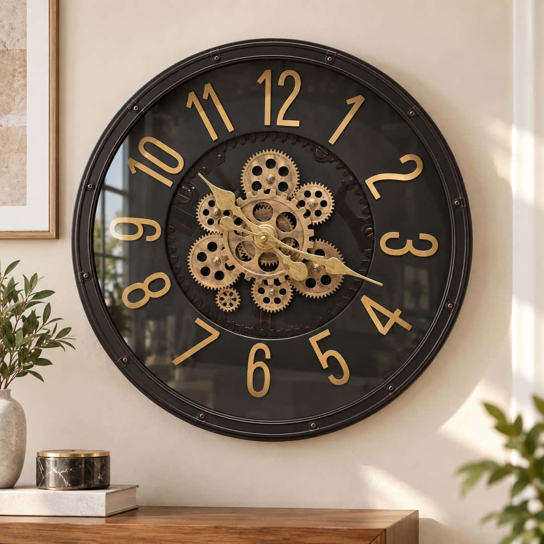 Black Gold Riveted Gear Wall Clock