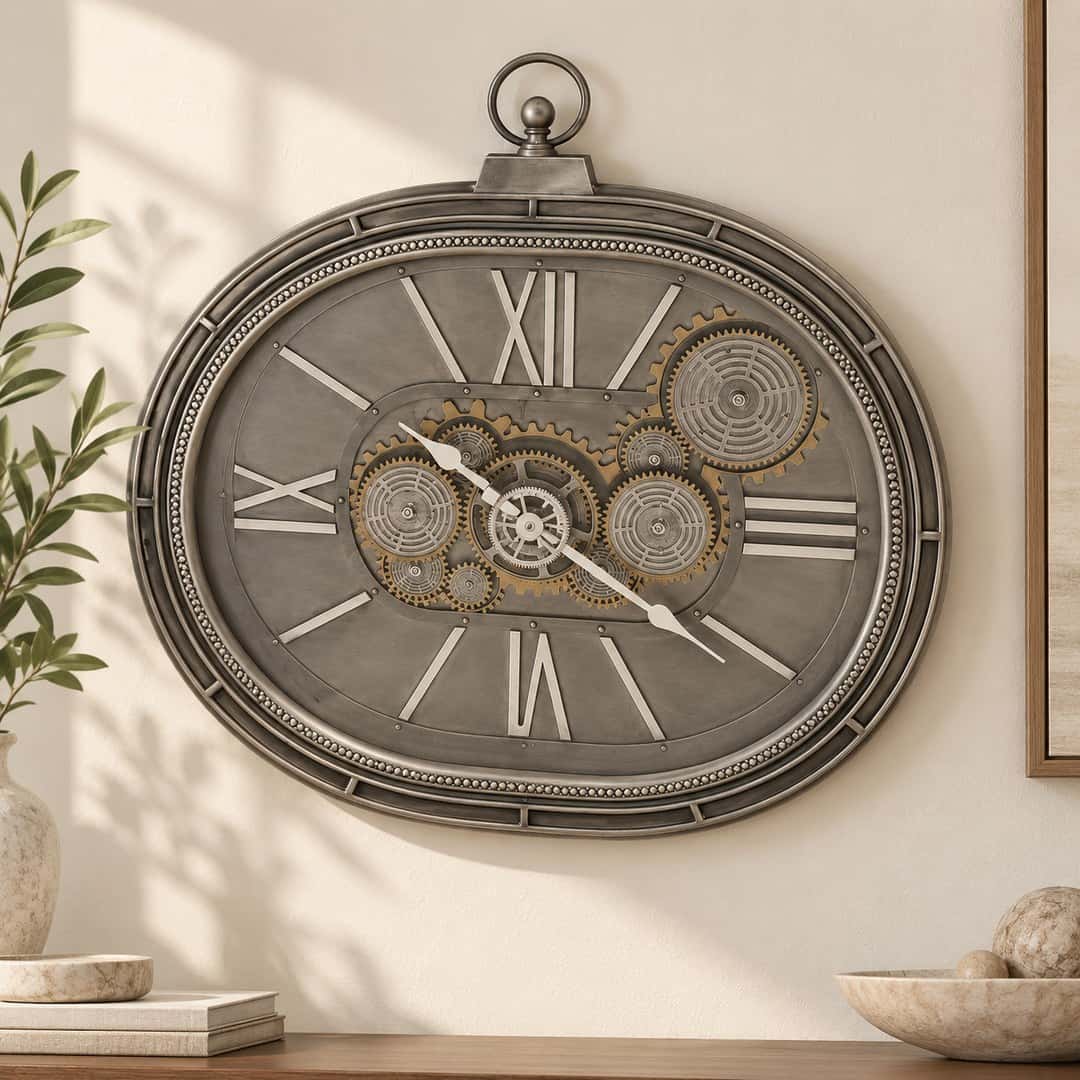 Silver Bronze Oval Roman Gear Wall Clock