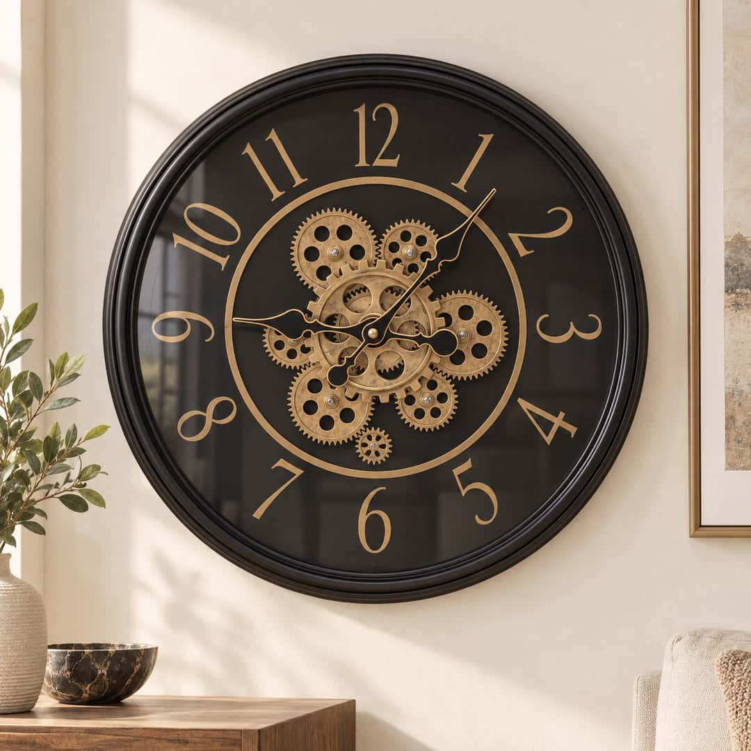 Black Antique Gold Gear Wall Clock
