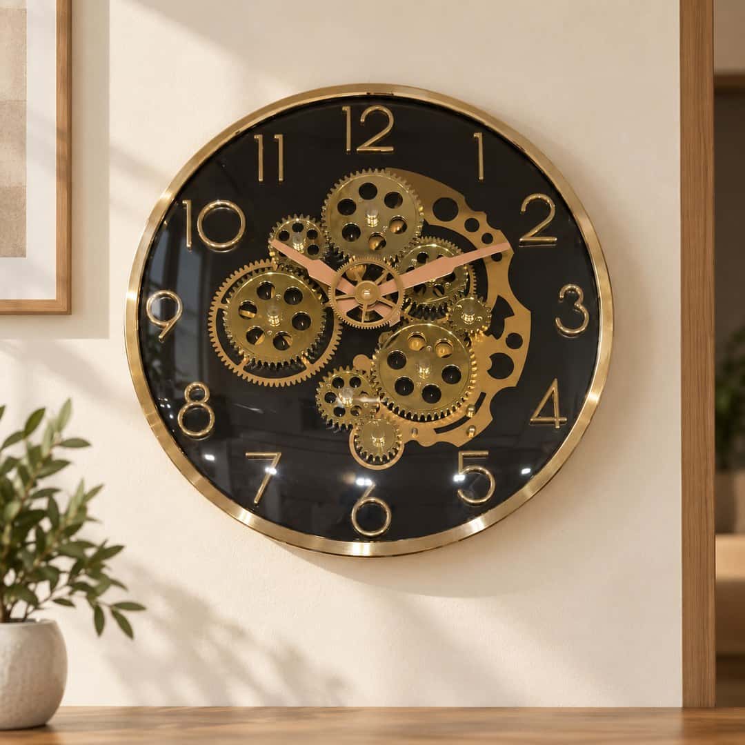 Polished Gold Black Gear Wall Clock