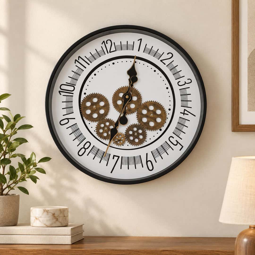 White Dial Black Frame Gear Wall Clock