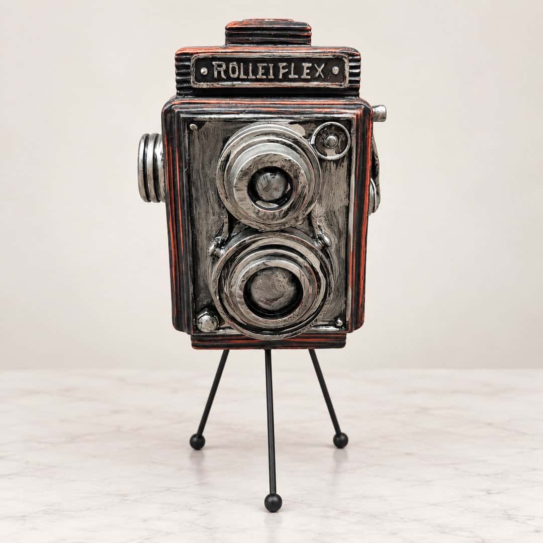 Vintage Twin-Lens Camera Tripod Sculpture
